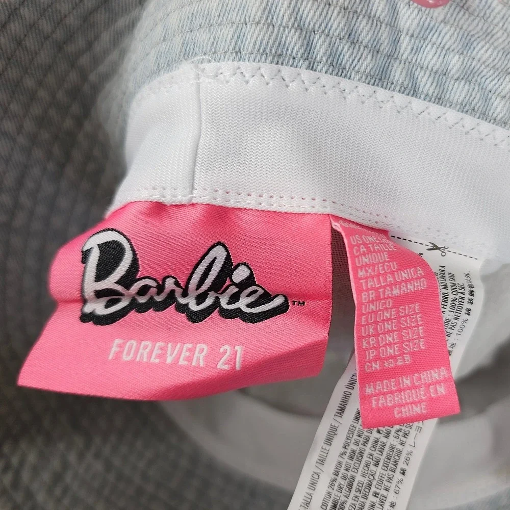 Barbie Denim Bucket Hat Pink Embroidered Logo Forever 21 Women's Accessory